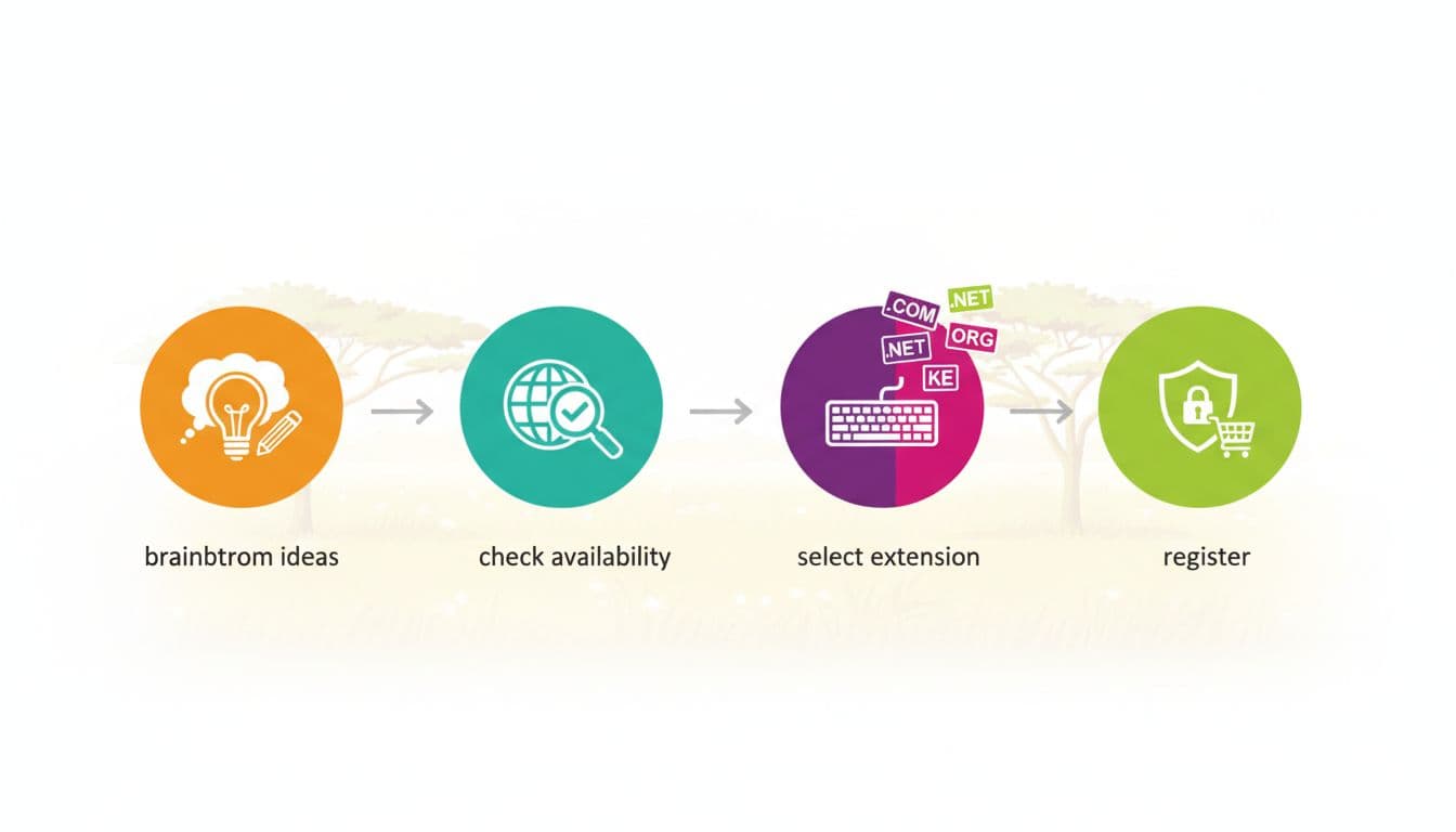 Visual flowchart illustrating steps to choose a domain name: brainstorm ideas, check availability, select extension, and register, with icons for each step on a clean white background featuring a subtle Kenyan savanna pattern in bright infographic style.