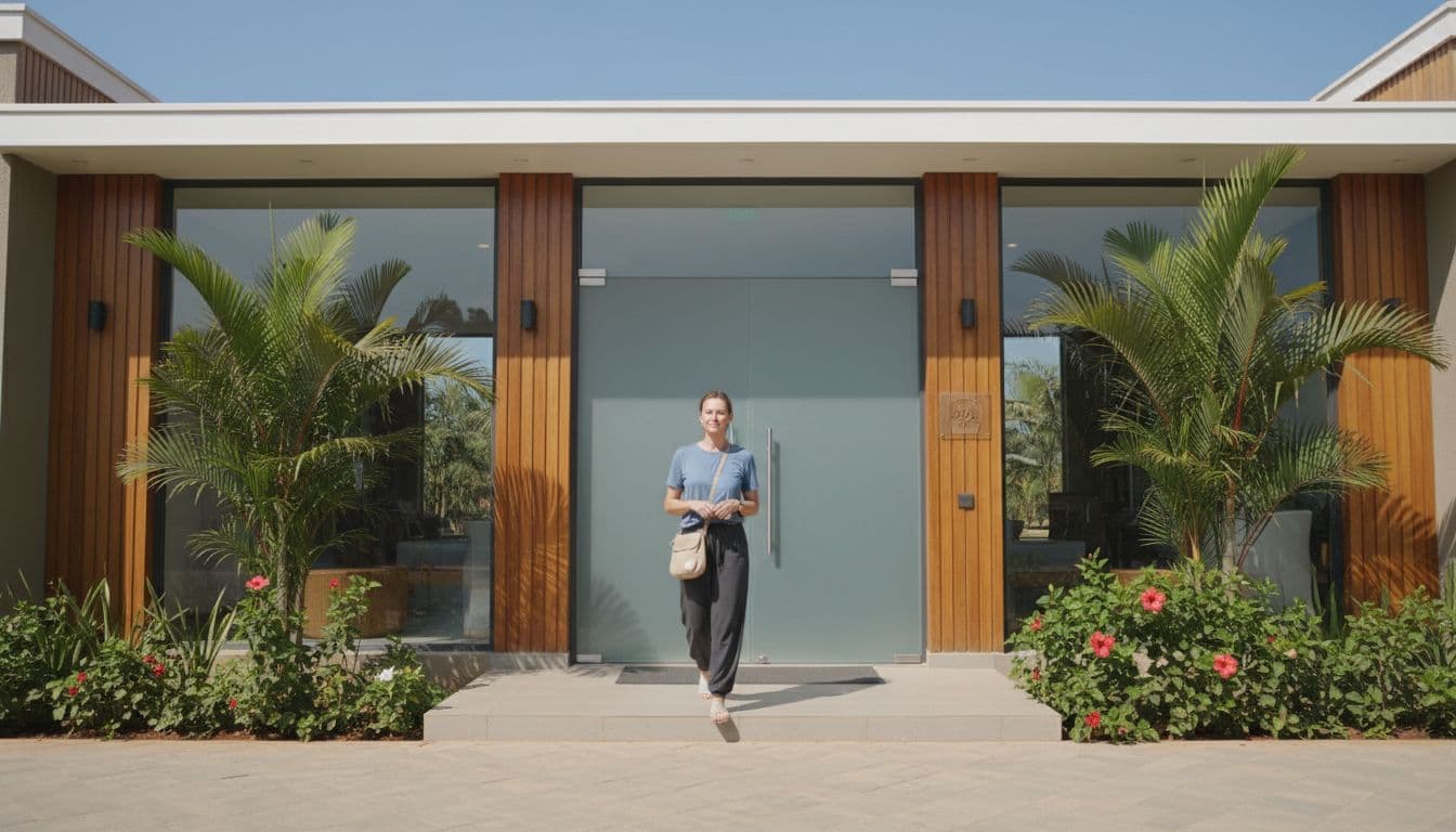A person arrives early at a modern spa entrance in comfortable loose clothing like yoga pants and t-shirt, carrying a small shoulder bag, with a calm relaxed expression, daylight exterior with subtle tropical plants evoking Langata Kenya vibe.