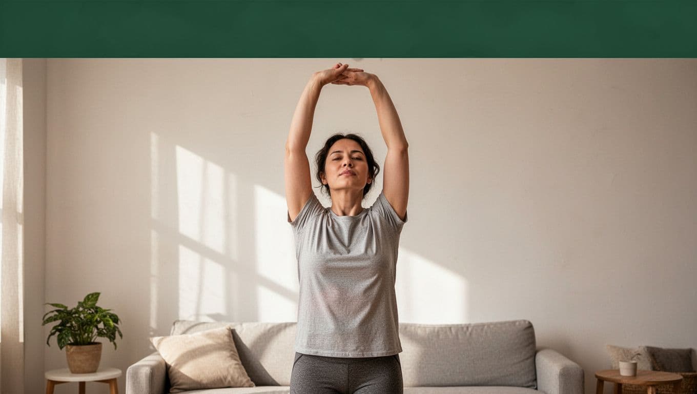 A centered person stands in a relaxed open posture with tension-free shoulders and gently stretching arms in a bright simple home setting, illustrating eased aches and improved mobility post-massage. Bold 'Ease Aches' headline in Montserrat Black-style font on a top muted dark-green band, landscape composition with natural daylight and minimal background.