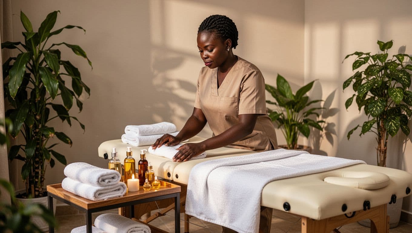 A professional female East African therapist arranges warm oils and towels on a side table next to a padded massage bed with fresh linens in the serene Black Berry SPA room in Kilimani, Nairobi.