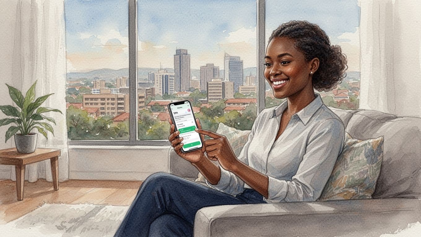 Relaxed young professional at home in Kilimani using phone to book a spa appointment, smiling with blurred confirmation screen, cozy room with Nairobi skyline view, in watercolor style with soft blending and brush texture.