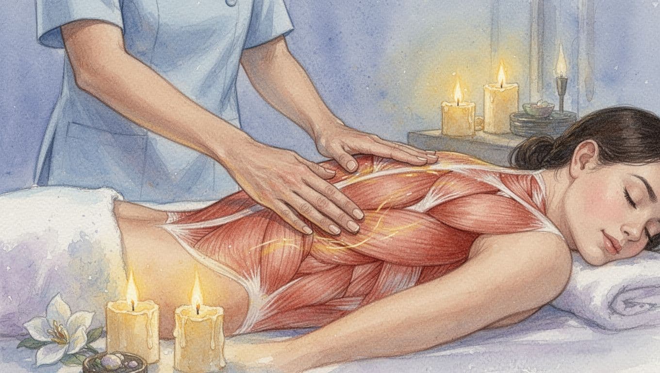 Massage therapist's hands performing long gliding effleurage strokes along a client's relaxed back in a serene spa room with warm candlelight. Watercolor style featuring soft blending, brush texture, and pastel blues, lavenders, warm yellows.