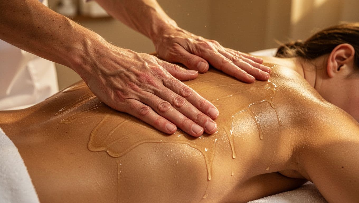 Therapist's hands performing long gliding effleurage strokes and pressure points with glistening warm oil on a client's muscular back in a serene spa room under warm golden lighting.