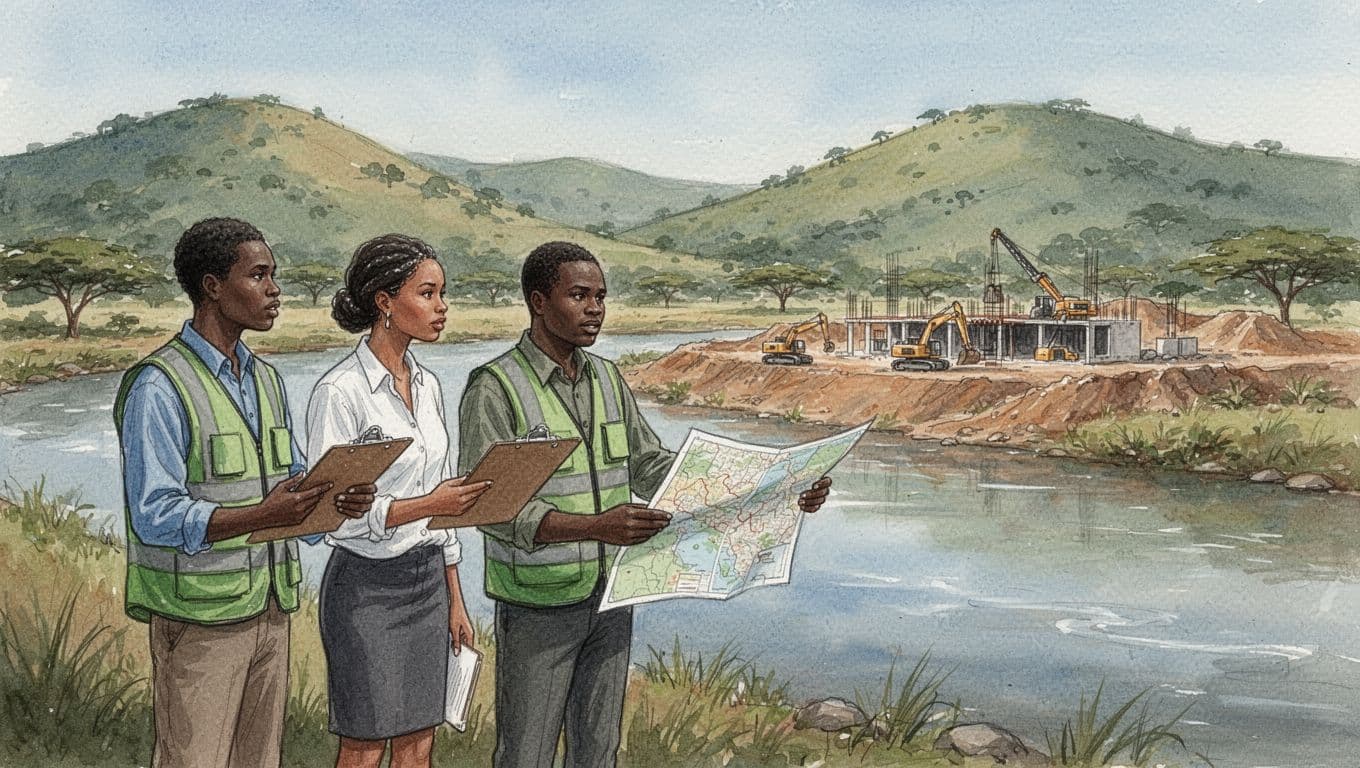 Three environmental impact assessment experts with clipboards and maps discuss plans at a construction site beside a Kenyan river, with lush green hills in the background, captured in a wide side-angle landscape view in watercolor style with soft blending and brush textures under natural daylight.