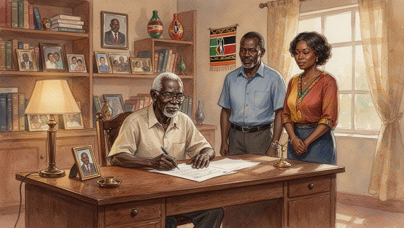 An elderly Kenyan man in shirt and trousers sits relaxed at a wooden desk in a cozy Kenyan home study, signing a will document with pen in hand, while two middle-aged witnesses—one man and one woman—stand nearby watching attentively with calm expressions amid warm lamp light, soft window glow, bookshelves, and family photos in watercolor style.