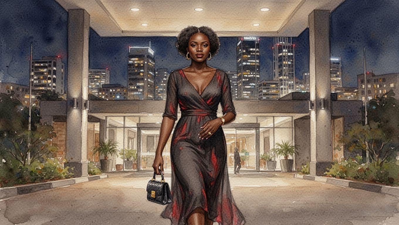 Kilimani Escorts, Nairobi Escorts, and Xxnairobi Escorts Guide 4 Xxnairobi Escorts-Nairobi Escorts Near You For Fun Elegant African woman strides confidently to modern hotel door at night carrying small bag, city lights in background, watercolor style.