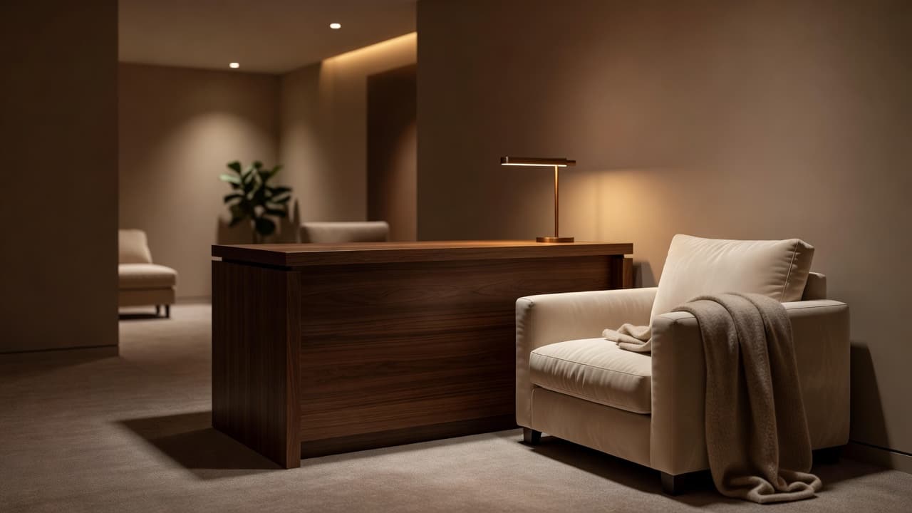 A minimalist wooden reception counter sits in a serene lobby illuminated by soft, golden accent lights. Plush cream-colored textiles and polished wood surfaces create a tranquil, welcoming atmosphere for new visitors.
