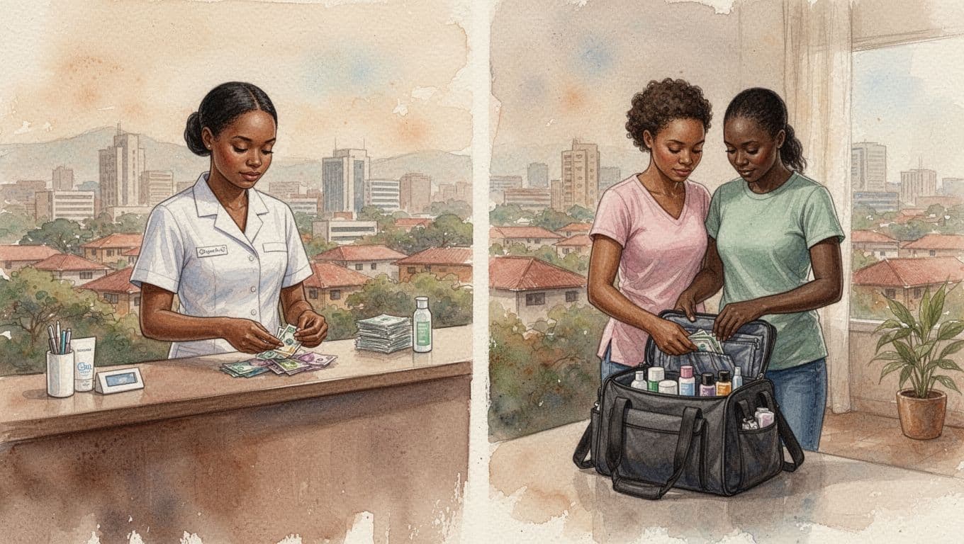 Side-by-side watercolor comparison: left side shows an employed massage therapist in professional spa uniform counting tips at reception for steady work; right side depicts a self-employed therapist packing a mobile kit bag for home visits, representing independence and risk; both against a Nairobi cityscape background with soft blending, visible brush texture, and warm earthy tones. Exactly two people, one per side, no additional humans, no text or logos.
