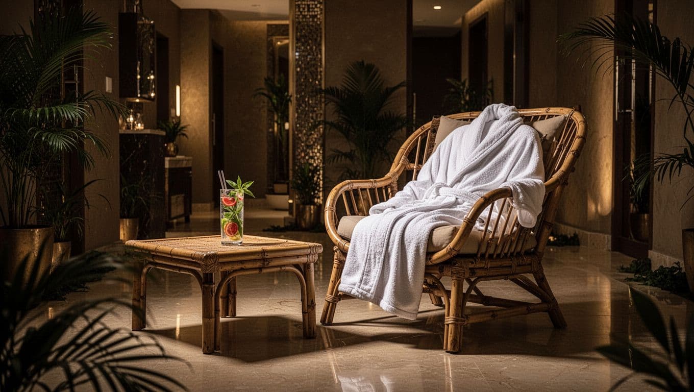 Empty luxurious VIP relaxation lounge in upscale Nairobi spa after NuruVip session, featuring cozy bamboo chair with folded white robe, infused water on wooden table, dim serene lighting.