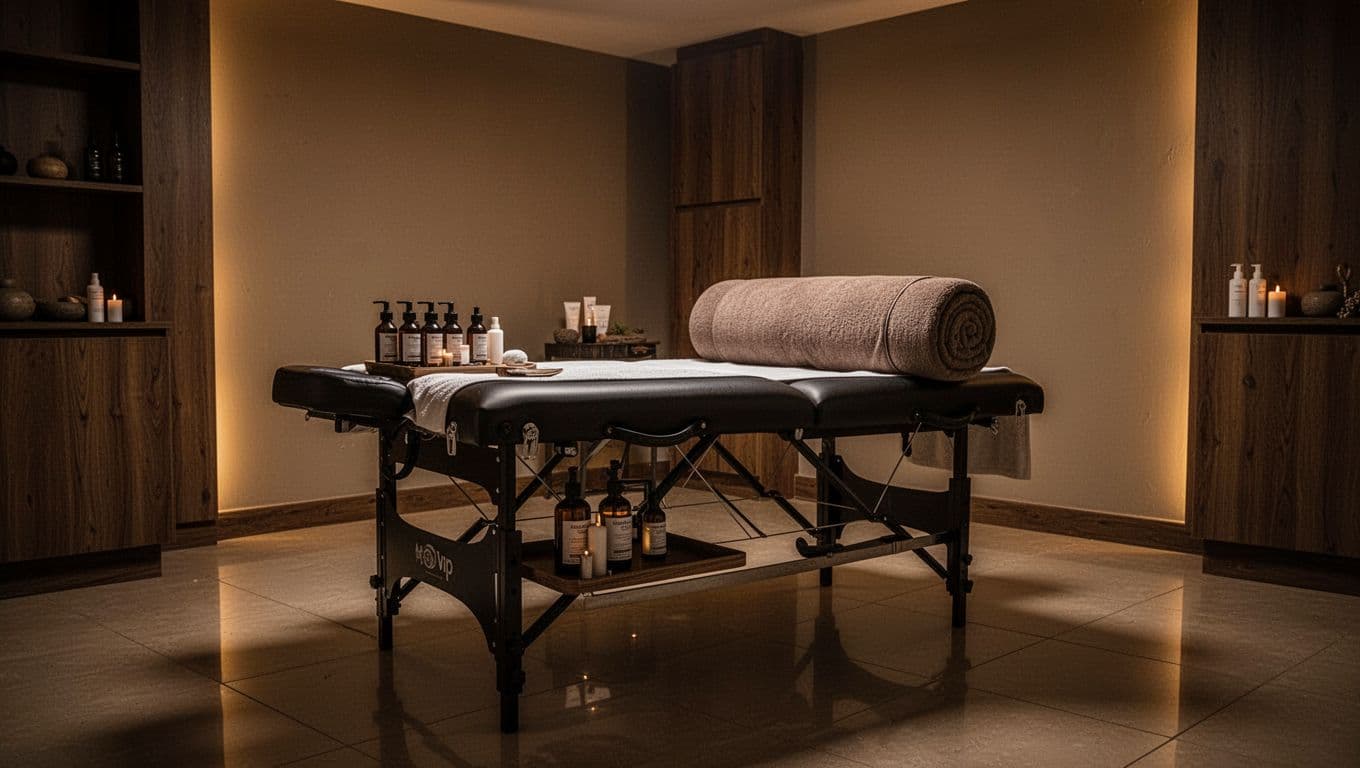 An empty professional spa treatment room in Nairobi, prepared for deep tissue massage with a sturdy elevated table, thick bolster pillow, multiple oil bottles, dim warm cinematic lighting, polished floors, and subtle wooden accents.