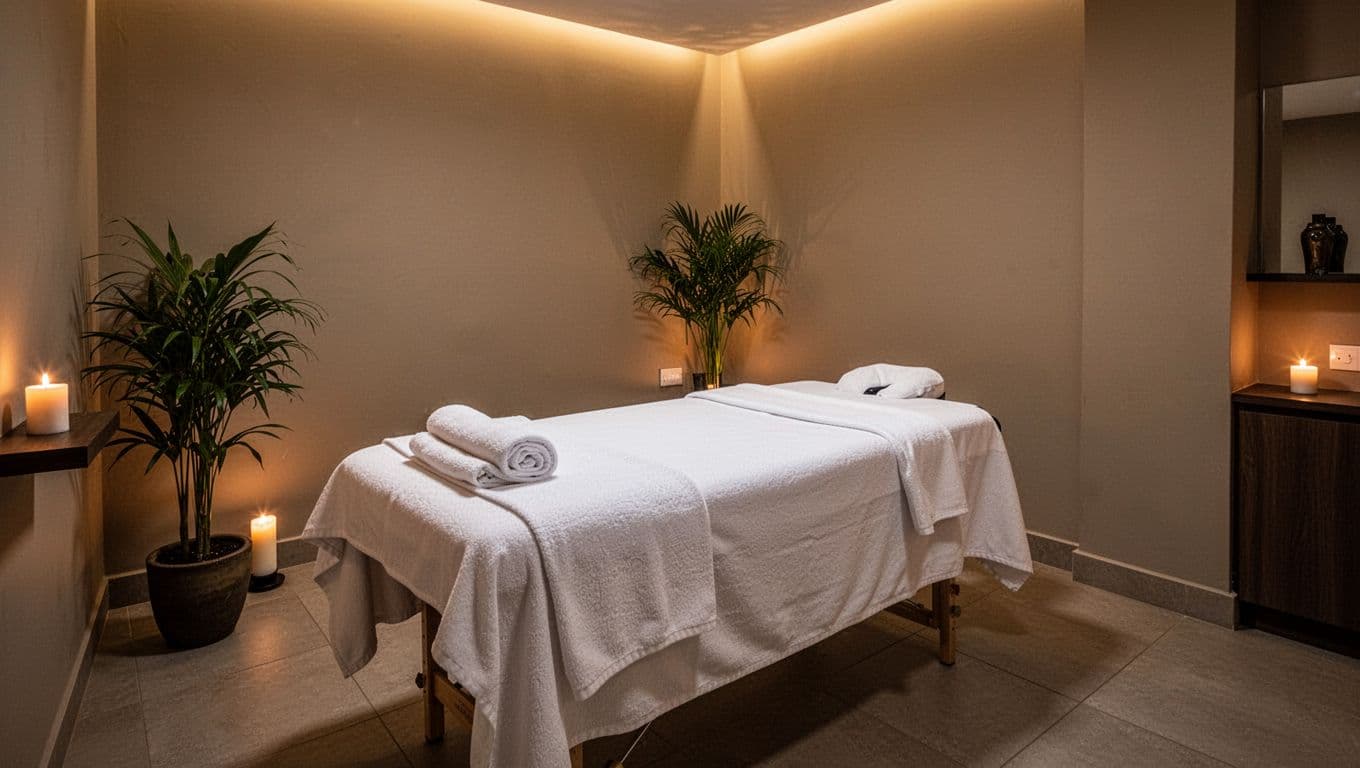 Empty professional massage treatment room in a Nairobi spa, featuring a massage table with fresh white draped sheet and towels, dim warm ambient lighting, potted plant and candle, evoking a clean modern serene atmosphere.