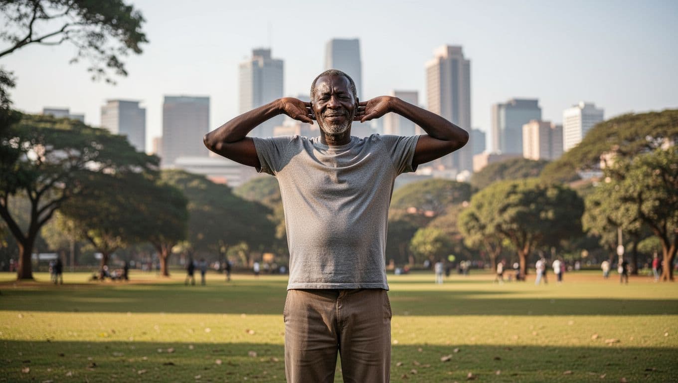 Relaxed middle-aged East African man standing tall and energized in a sunny Nairobi park after a full body massage, stretching shoulders freely with a relieved smile, blurred city skyline background.