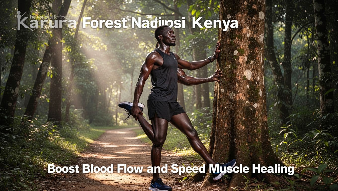 A fit mid-30s Kenyan male runner stretches his legs against a tree in Karura Forest, Nairobi, after a sports massage, displaying an energized expression, healthy skin glow, and toned relaxed muscles in morning sunlight with cinematic lighting.