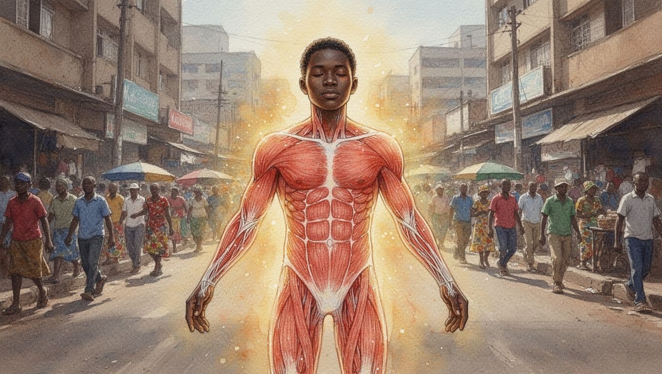 A vibrant scene of a person standing energized in a Nairobi street after massage, light glowing around body suggesting improved circulation and energy, subtle blood flow metaphor with warm tones on limbs, background blurred city hustle, watercolor style with soft blending and visible brush texture, exactly one person, dynamic pose, no text, no logos, no extra people.