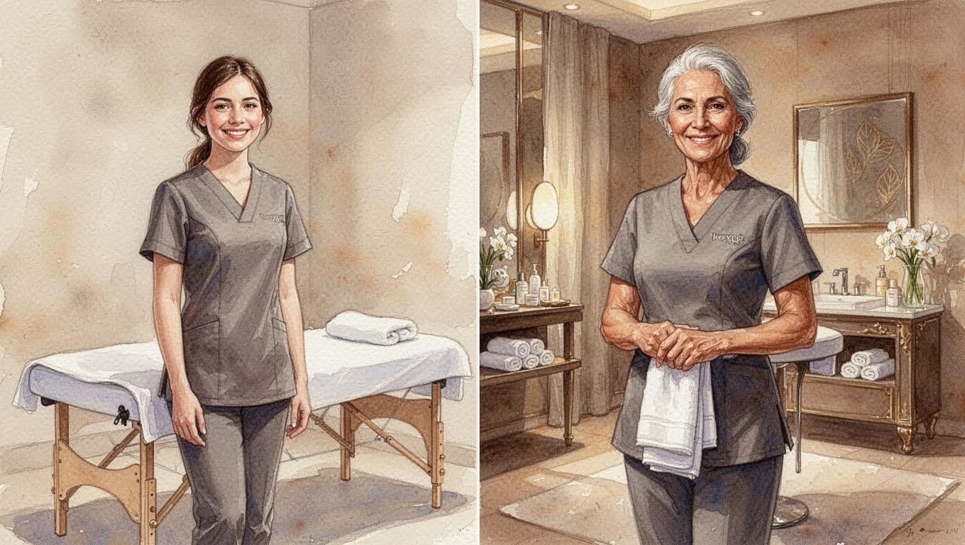 Side-by-side watercolor portraits contrasting a young entry-level massage therapist smiling in a basic spa setup with a confident seasoned professional in an upscale spa holding a client towel, featuring warm earthy tones, soft blending, and visible brush texture.
