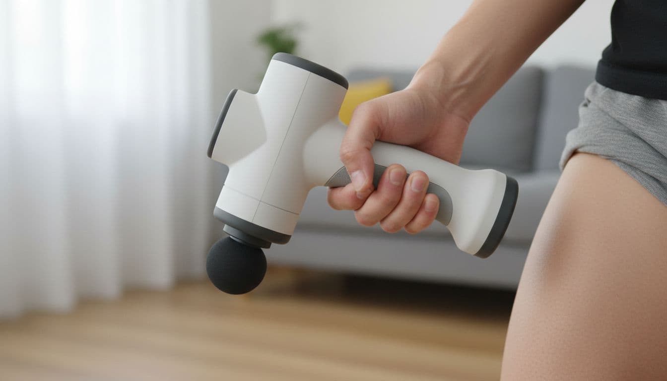 Person comfortably gripping ergonomic massage gun on thigh muscle in home setting, focusing on handle shape and gentle power press with natural light.
