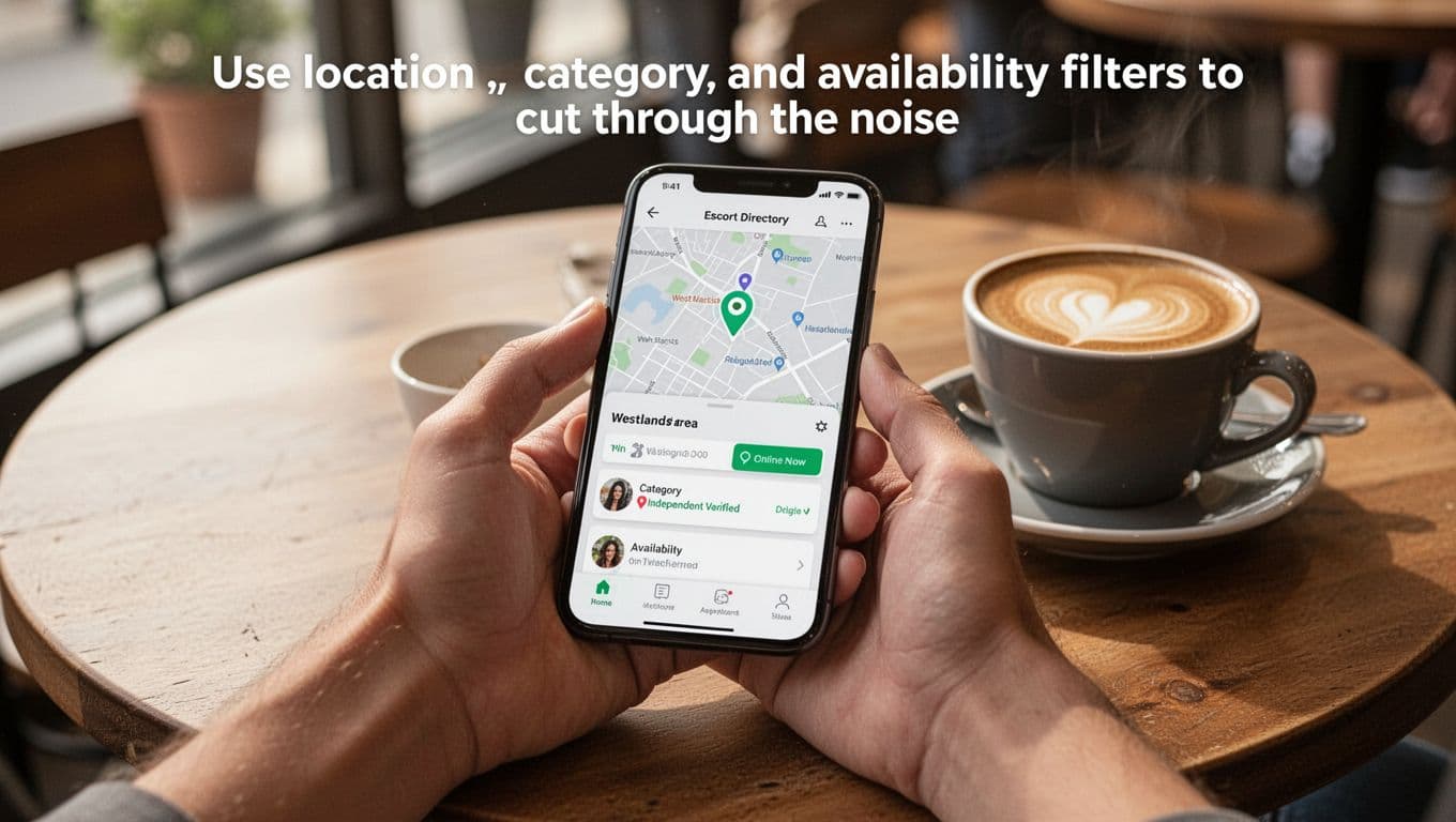 Smartphone held in one hand displaying escort directory app with location filter set to Westlands, independent verified category, and online now availability highlighted, in a realistic cafe setting with coffee cup and natural light.