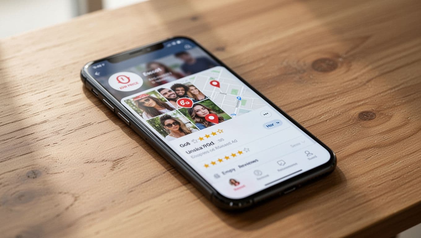Smartphone screen on a wooden table under soft natural light displays a blurred escort profile interface featuring visual scam red flags like unrealistically low prices, inconsistent photo collages, vague location pins, empty review stars, and generic text layouts.