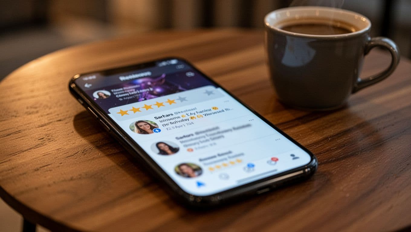 Close-up of a smartphone screen on a wooden table in a stylish Kilimani apartment, displaying abstract star ratings, blurred review snippets, and profile photo thumbnails, with a coffee mug nearby in soft evening ambient light.