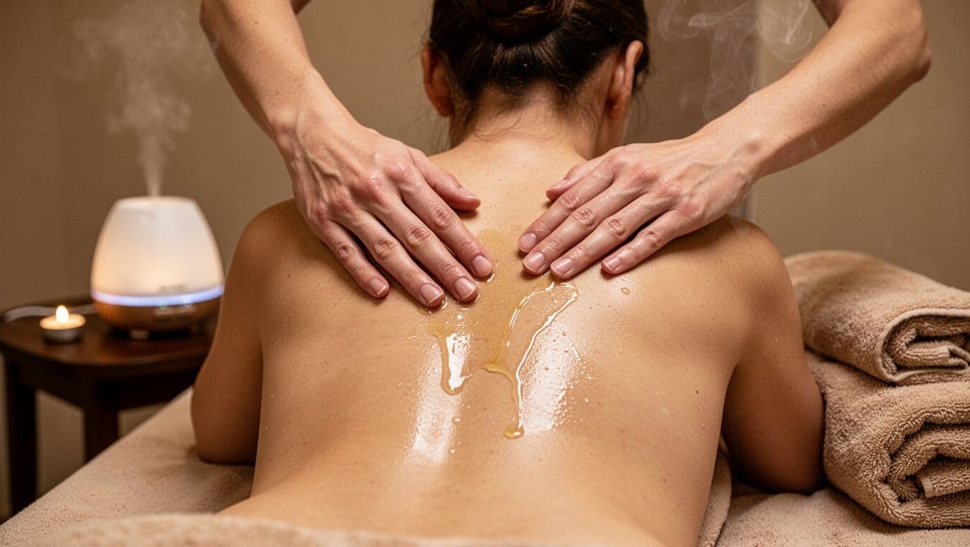 Gentle hands applying glistening essential oil to a bare upper back during massage in a serene spa room with ultrasonic diffuser and folded towel. Photorealistic style with warm lighting and bold 'Key Techniques' headline.