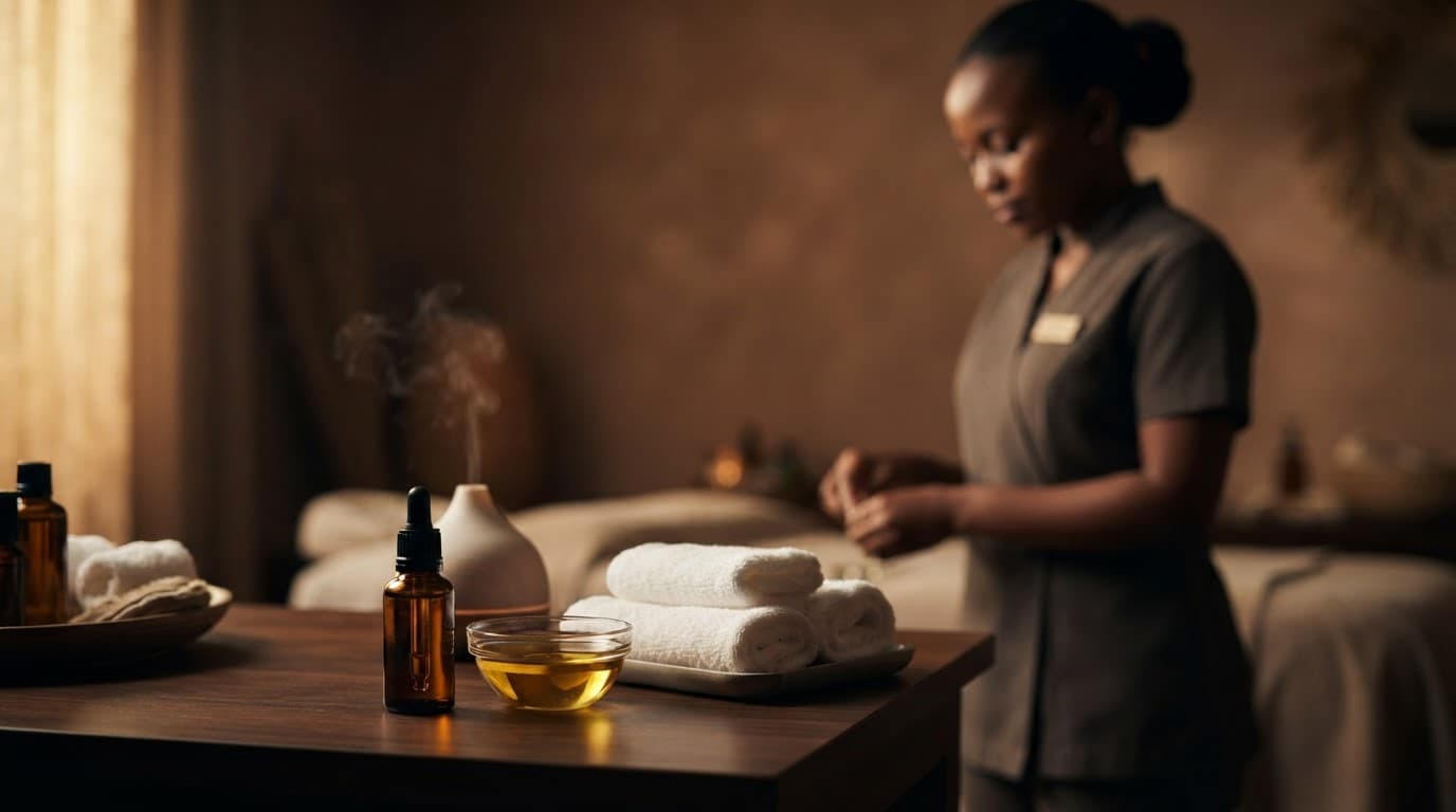 Therapist preparing essential oil beside carrier oil and folded towels.
