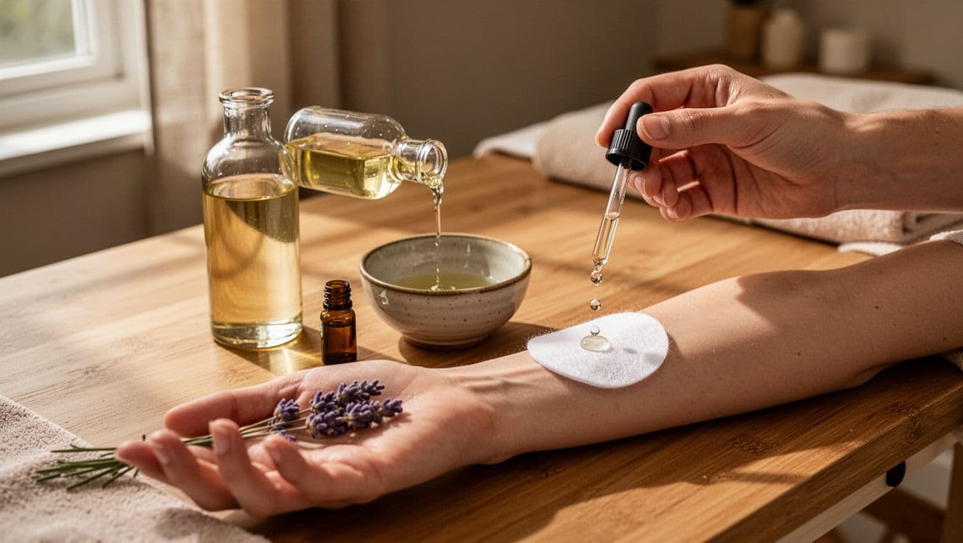 Photorealistic setup on a wooden spa table shows jojoba carrier oil pouring into a bowl with three drops of lavender essential oil, a dropper in a relaxed hand, and a cotton patch test on an inner arm, under warm daylight with a 'Safety Rules' headline.