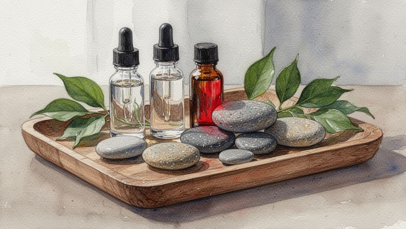 Watercolor tray with oil bottles, smooth stones, and green leaves.