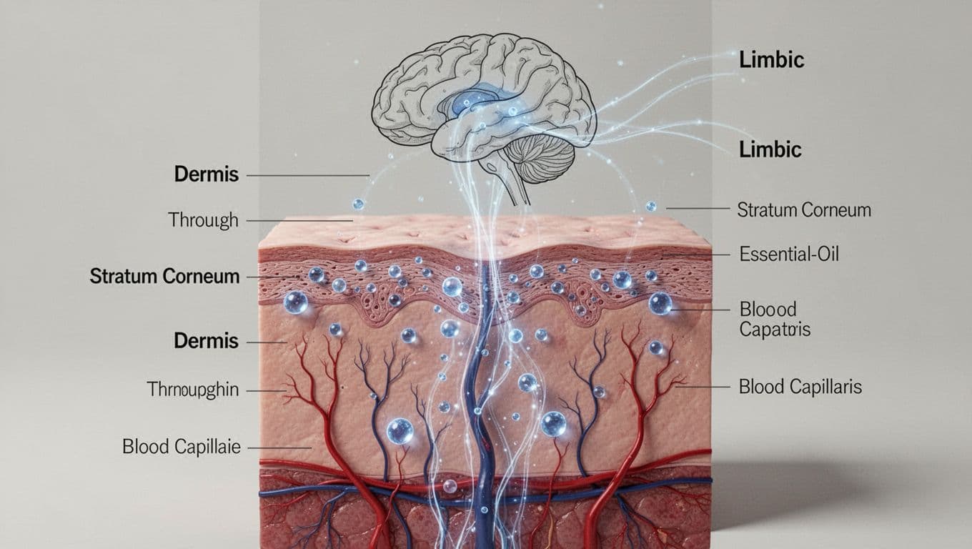 Microscopic cross-section of human skin depicting tiny essential oil droplets penetrating the stratum corneum layer, moving through the dermis into blood capillaries, with faint paths leading to a simplified brain outline highlighting the limbic system. Detailed scientific illustration in glowing blue paths on neutral skin tones, featuring a bold 'Skin Absorption' headline.