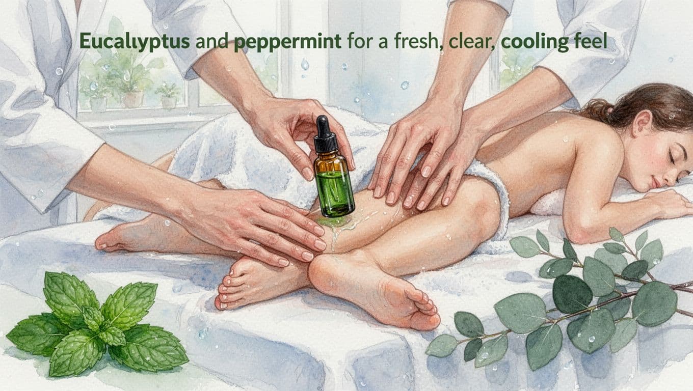 Therapist hands massage eucalyptus and peppermint oil into calves and feet of a draped client on a spa table in a bright room with mint leaves and eucalyptus nearby, watercolor style.