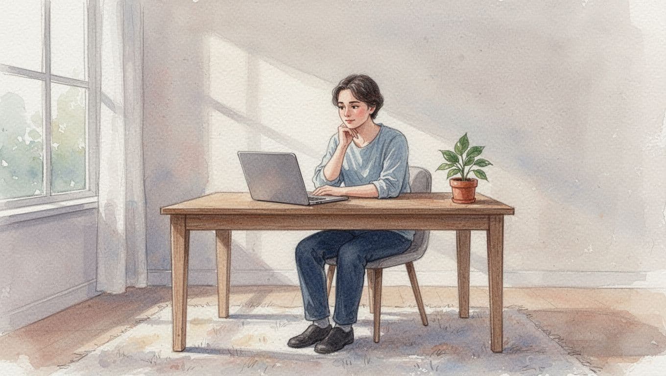 A person sits at a desk browsing on a laptop with a contemplative expression. The soft watercolor scene features gentle brush strokes and neutral tones that create a calm, peaceful atmosphere.
