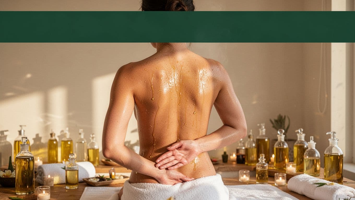One person stands energized with glowing healthy skin and relaxed posture after a hot oil massage in a bright spa lounge with oil bottles nearby, featuring the 'Everyday Wins' headline in bold geometric sans-serif on a muted dark-green band near the top.