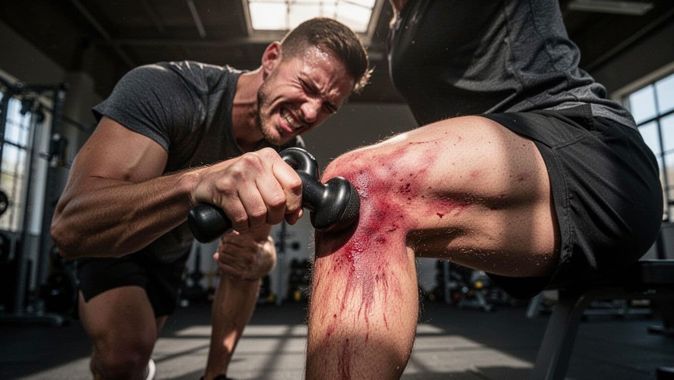 Athlete grimacing in pain while pressing a massage gun too hard against thigh muscle in a dimly lit gym, with visible red bruising forming on skin and motion blur on pulses.