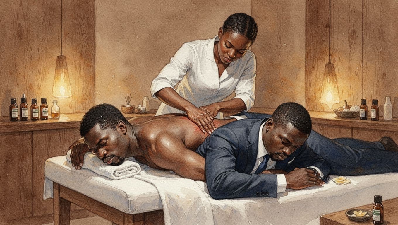 A relaxed male executive lies face down on a massage table in a serene Nairobi spa, receiving firm elbow pressure from a Somali therapist on his tense upper back and shoulders during a Somali massage, captured in watercolor style with soft blending, brush texture, and warm earthy tones.