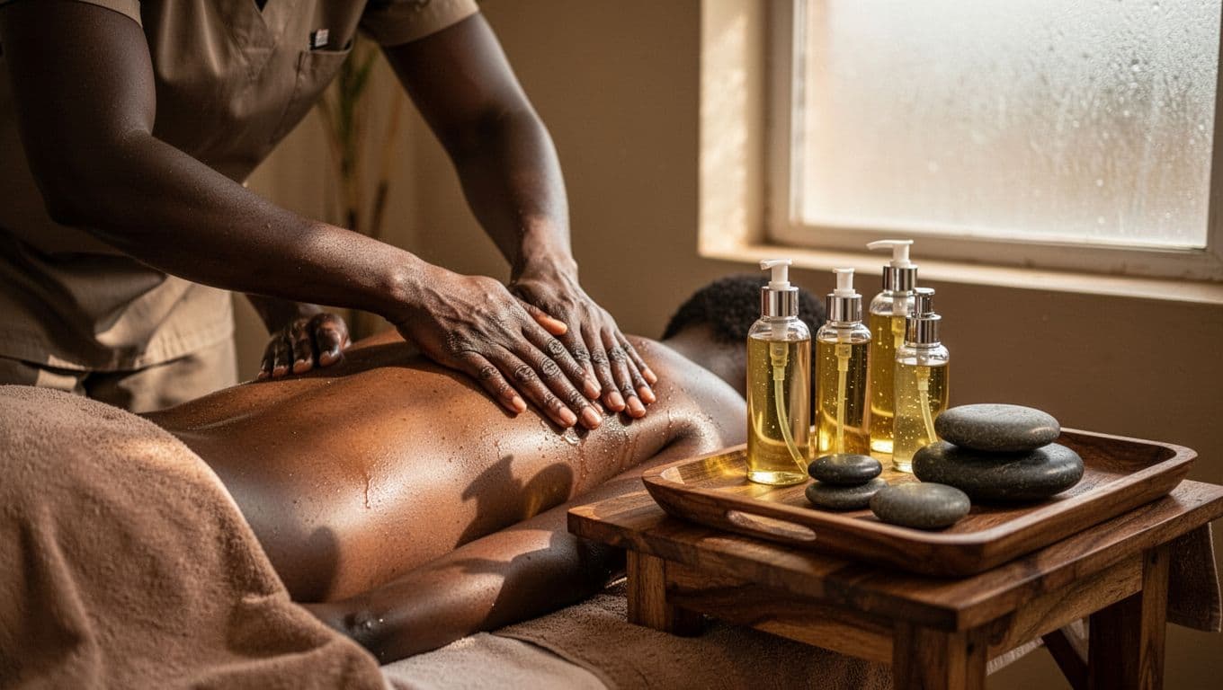 An experienced Kenyan massage therapist skillfully applies deep pressure to a client's back in a Nairobi spa room with warm lighting, featuring a nearby table of add-on oils and hot stones, and a 'Therapist Value' headline banner at the top.