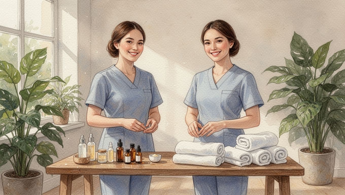Two skilled therapists in a clean spa room preparing oils and towels, captured in watercolor style with soft blending, warm earth tones, and natural light from a window with plants.