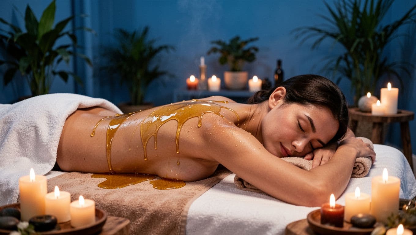 Hot Oil Massage 5 Person lying face down on a massage table in a cozy spa, warm oil glistening on skin, relaxed shoulders in deep breathing pose, soft candlelight, plants, calming blue tones.
