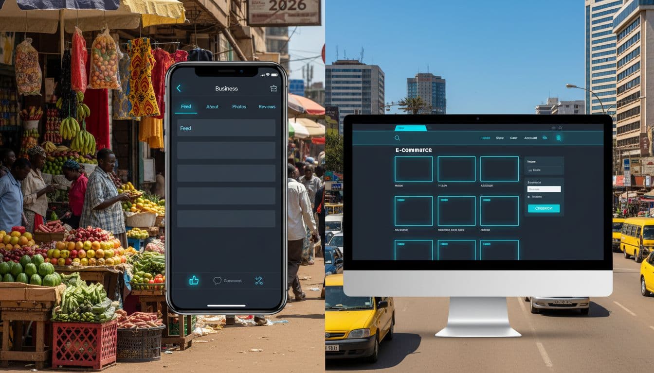 Smartphone displaying Facebook business page next to desktop with full e-commerce website, against Kenyan market background featuring street vendors and traffic in a left-right split comparative layout, vibrant realistic daylight style with devices only.