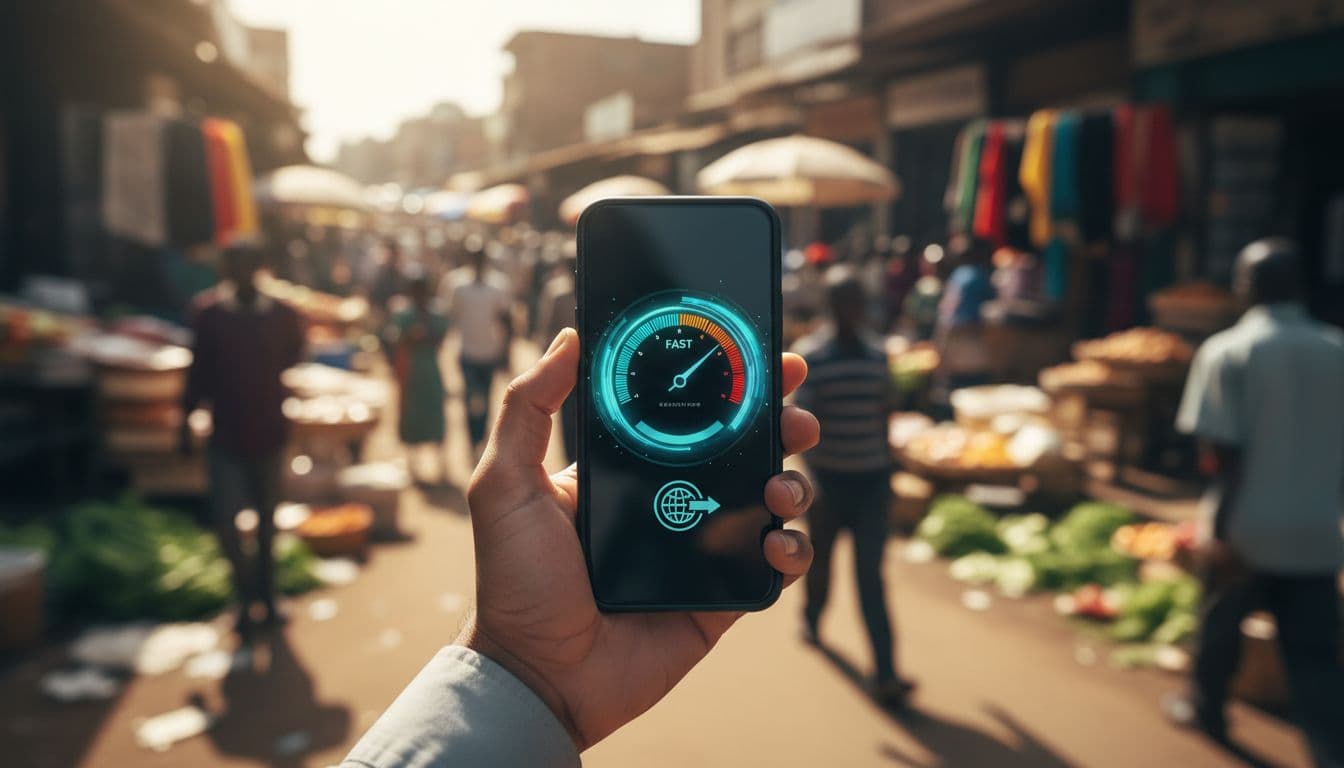 A hand holds a mobile phone displaying a fast-loading website in a bustling Nairobi street market, with a speedometer graphic showing high performance and blurred vibrant crowd background.
