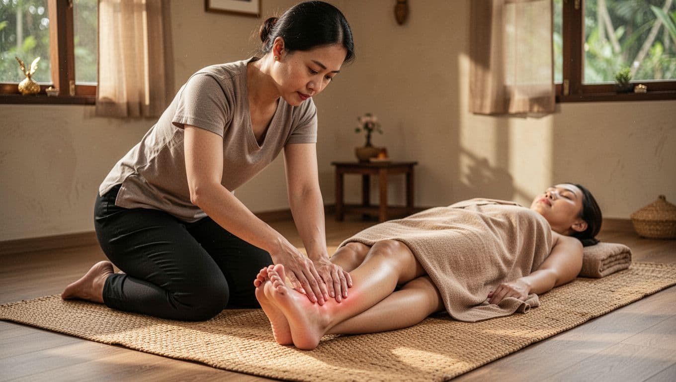 Thai massage therapist kneeling beside supine client on woven mat in serene spa room, gently palpating and rocking the client's bare foot with thumbs to assess energy points. Bold branded style with muted dark-green top band featuring 'Feet Reveal' text.