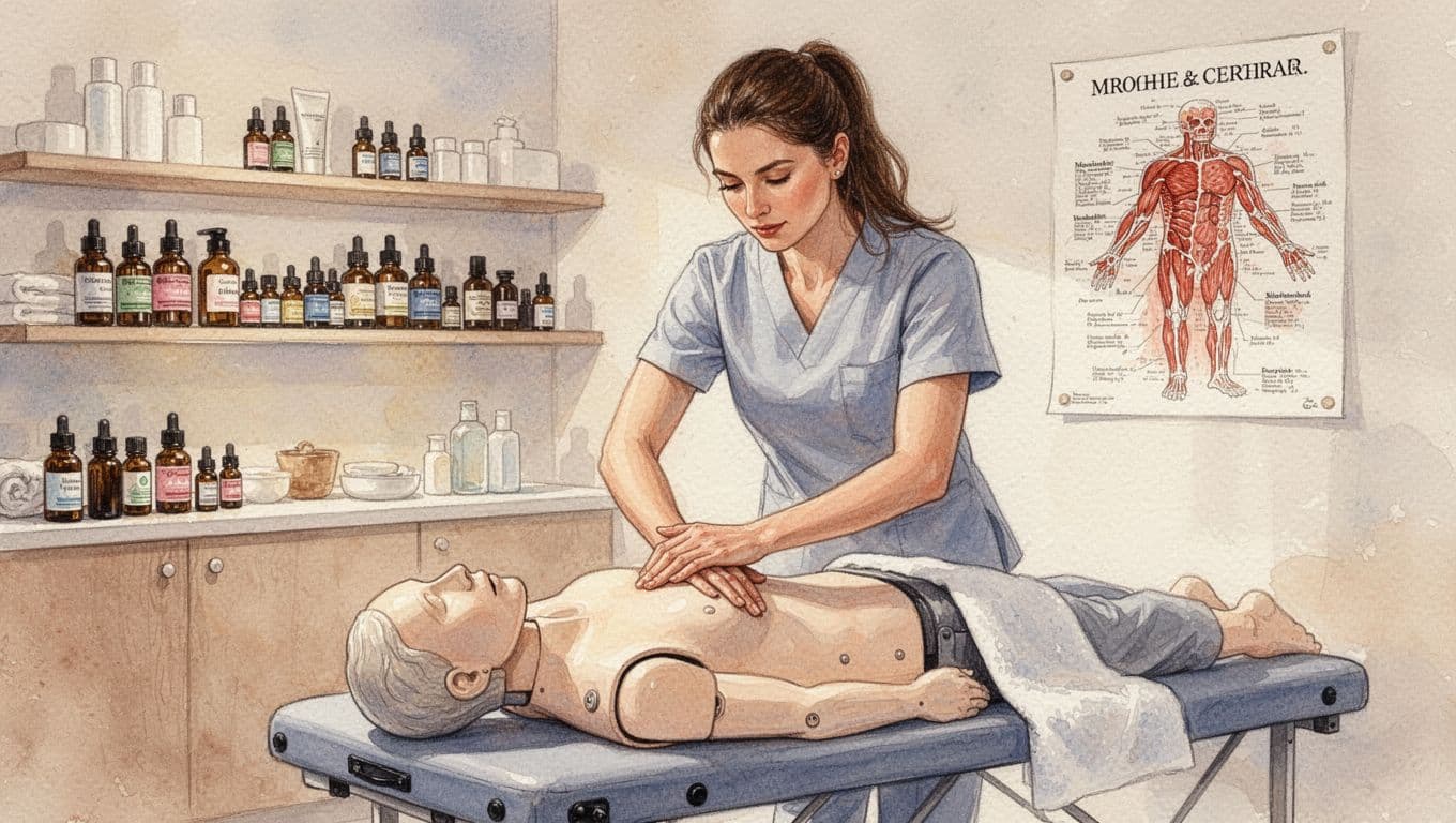 Determined female massage therapist practices advanced technique on padded training mannequin in well-lit Nairobi spa classroom with essential oils and anatomy chart. Watercolor style featuring warm earthy tones, soft blending, and confident posture.