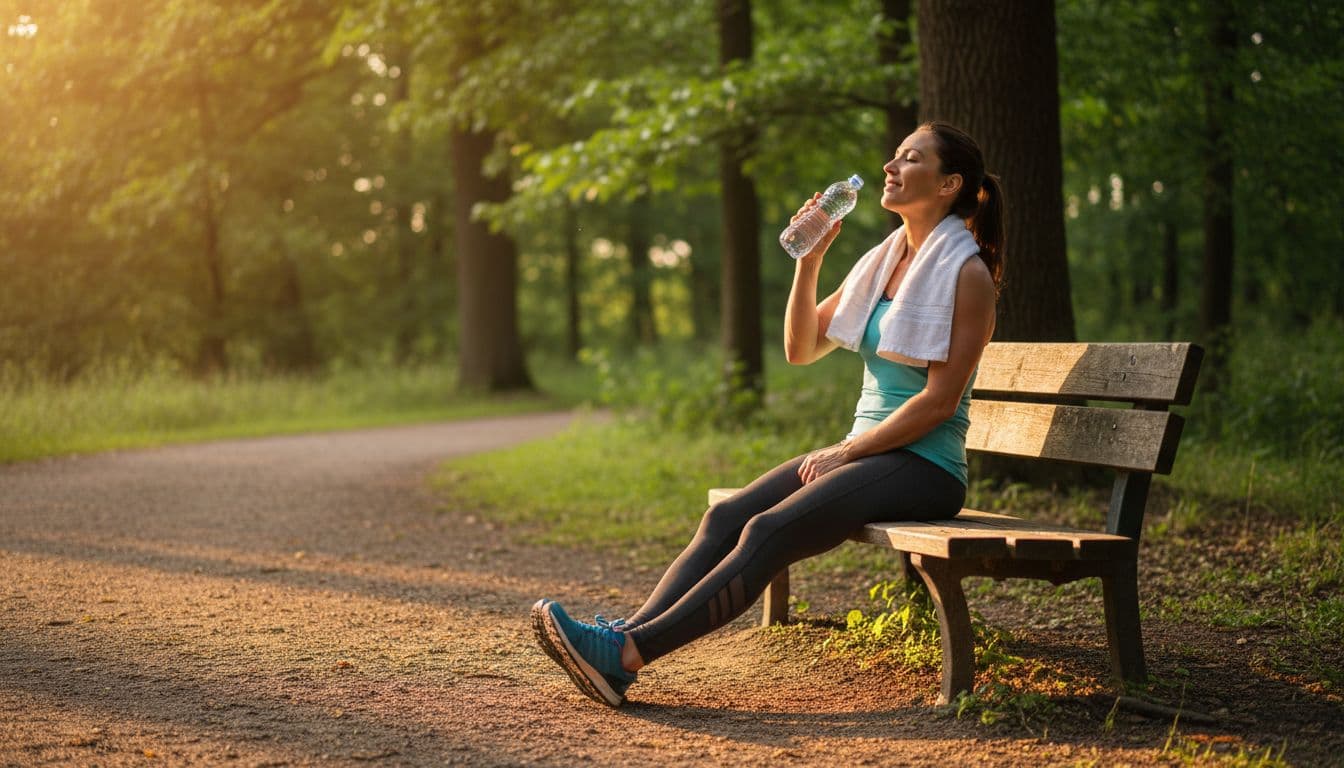 A woman runner in her 30s rests calmly after a run, sitting with legs stretched out, towel over shoulders, sipping water loosely from a bottle in a park trail during golden hour sunlight.