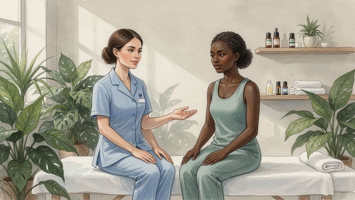 A skilled female therapist in uniform consults with a relaxed female client during an initial posture assessment in a clean, serene Nairobi spa room featuring plants, soft lighting, and essential oil bottles, rendered in watercolor style with soft blending and brush textures.