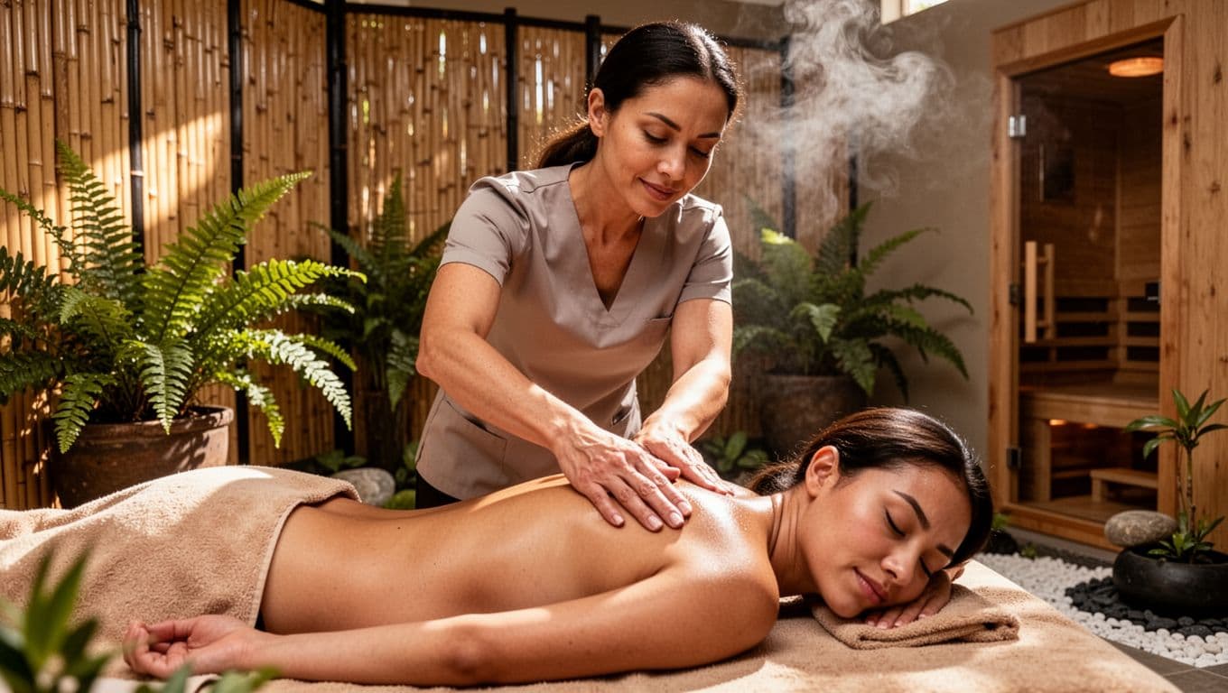 A skilled female therapist applies gentle mindful deep tissue massage to the upper back and shoulders of a relaxed prone client in a zen garden-inspired Serenity Spa room in Nairobi, with serene expressions and warm ambient lighting.