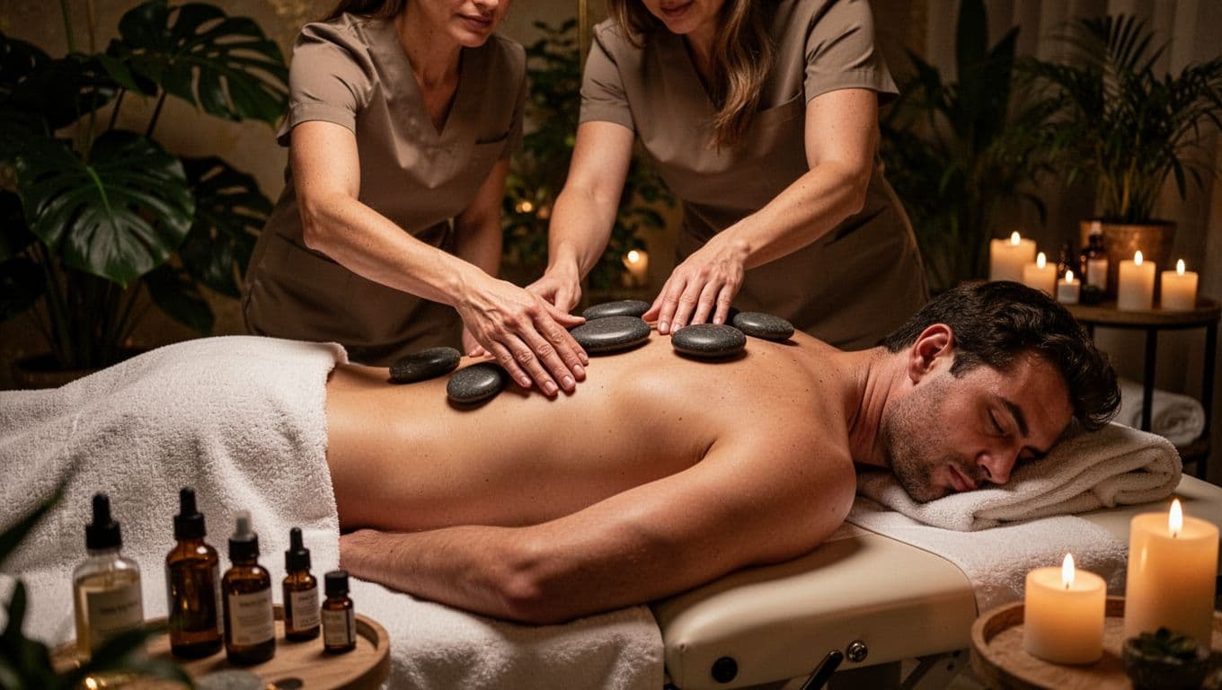 A skilled female therapist places heated basalt stones on the lower back and shoulders of a draped male client on a professional massage table, with essential oils in a serene luxurious Nairobi spa.