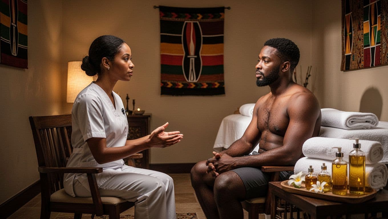 A skilled female therapist and relaxed male client seated face-to-face in a private luxurious Nairobi spa room with dim warm lighting, calmly discussing session boundaries before massage, with professional trusting expressions and spa essentials nearby.