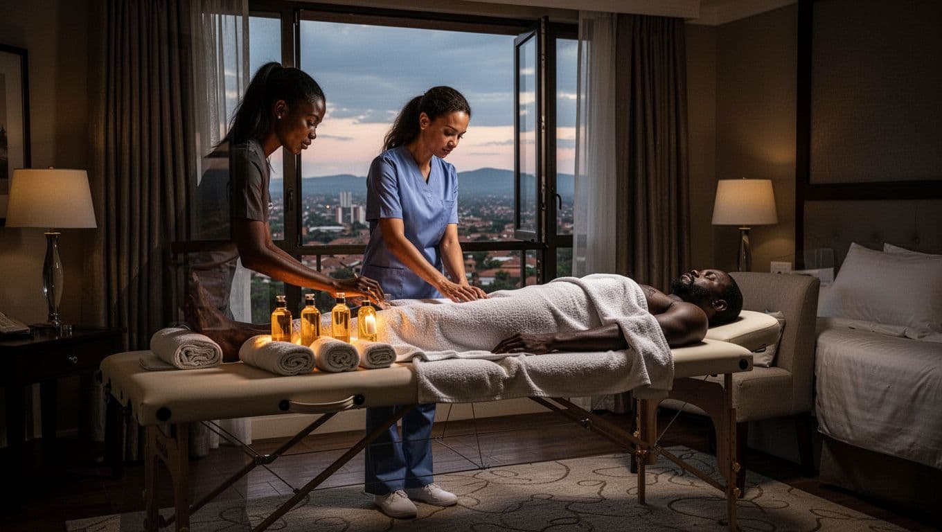 A skilled female therapist sets up a portable massage table with warm oils and towels in a luxurious Nairobi hotel room for a mobile outcall service, with a draped male client relaxing nearby in a private atmosphere with dim lighting and a partially open city view window. Cinematic style featuring strong contrast, depth, and dramatic lighting.