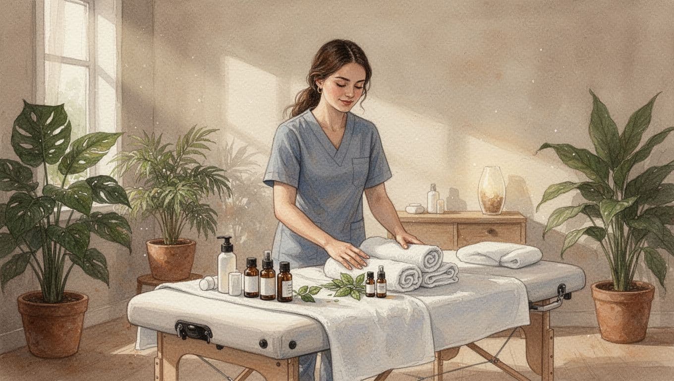 Skilled female therapist in a clean, cozy massage room at a Nairobi spa, preparing the table with fresh towels and oils under soft ambient lighting with potted plants and a serene atmosphere. Watercolor style featuring soft blending, visible brush texture, and warm earthy tones.