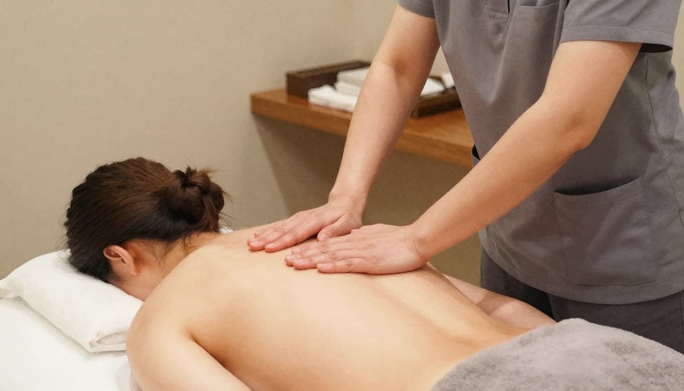 Female therapist with calm expression massages face-down client's covered back, hands on shoulders, in softly lit spa room, watercolor style.