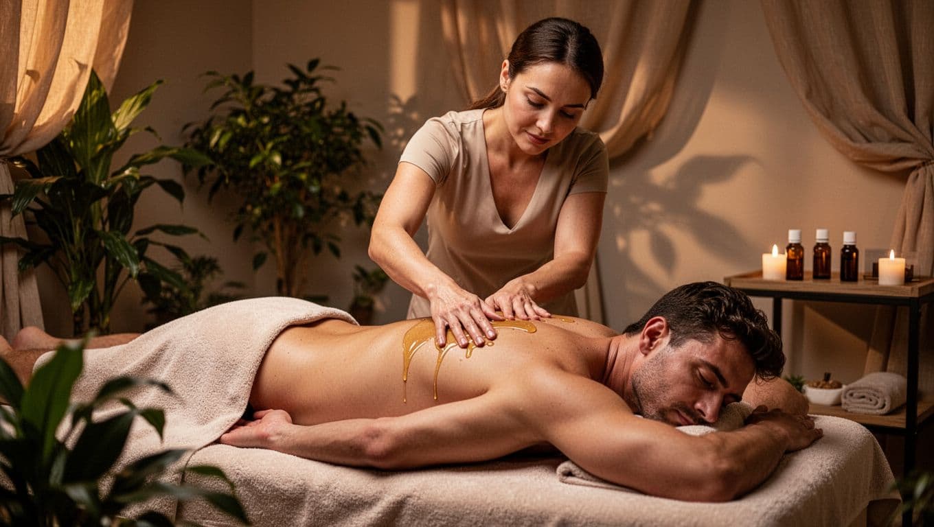 A skilled female therapist performs a full-body Swedish massage using warm scented oils on a draped male client face down on a massage table in a serene Nairobi spa with soft plants and dim lighting.