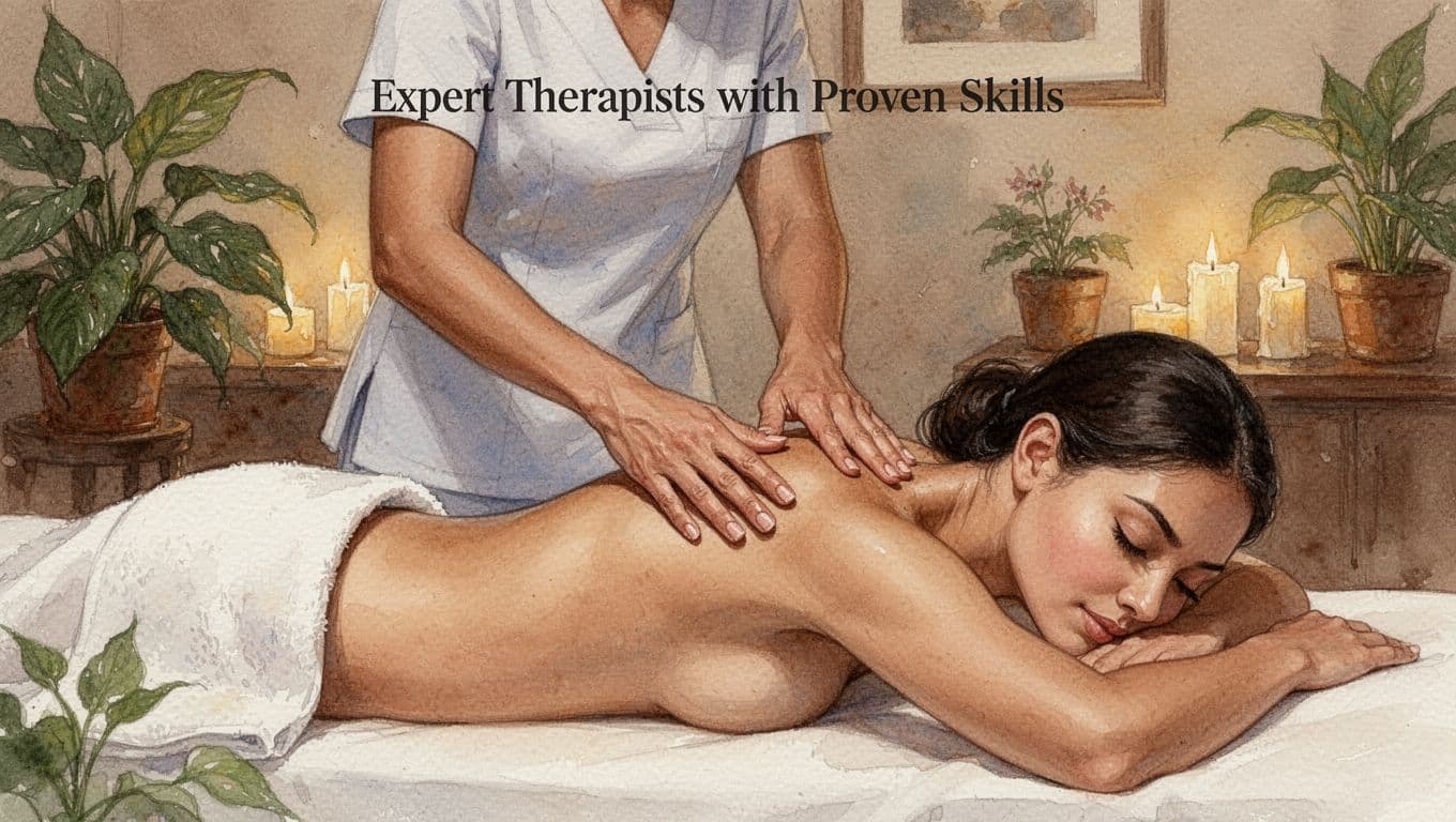 Skilled female therapist performs gentle Swedish massage on female client's shoulders in a cozy Nairobi spa room with plants and candlelight background. Watercolor style features soft blending, visible brush texture, and warm earthy tones, focused on hands and upper back.